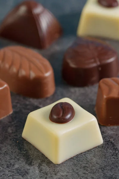 Assortment Chocolate Candies Sweets Dark Background — Stock Photo, Image