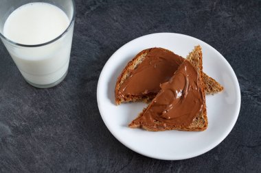 Çikolata kremalı ekmek ve bir bardak süt