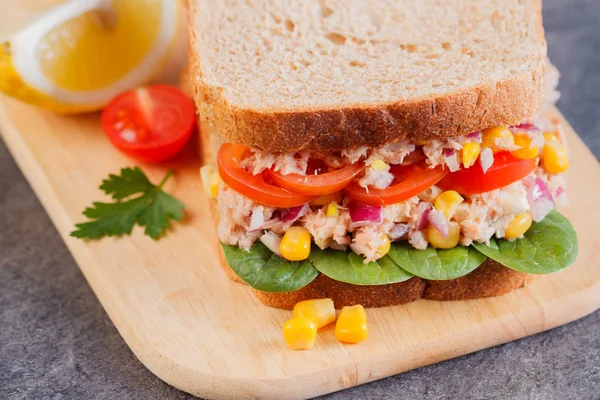 Sandwich Tuna Vegetables Rye Bread Wood Background — Stock Photo, Image