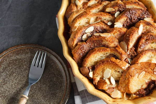 Homemade Rustic Bread Pudding Chocolate Almonds — Stock Photo, Image