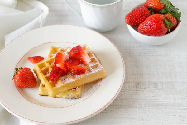 Healthy Breakfast Table Belgian Waffles Strawberries Honey Coffee — Stock Photo, Image
