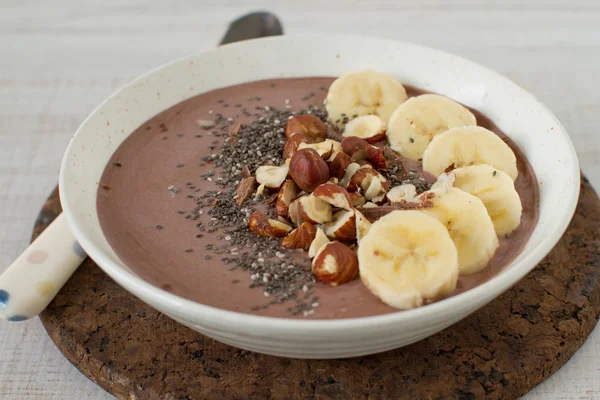 Chocolate Hazelnut Smoothie Bowl Topped Sliced Banana Chia Seeds Chopped — Stock Photo, Image