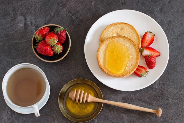 Desayuno Rústico Saludable Con Tostadas Miel Fresa — Foto de Stock