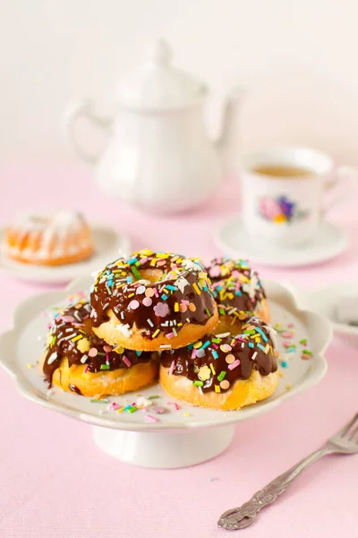Homemade Mini Bundt Cake Covered Chocolate Sauce Colorful Sprinkles — Stock Photo, Image