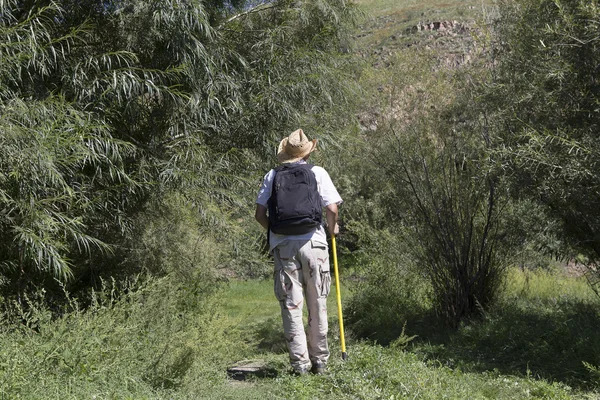 Joven caminante masculino adulto en terreno montañoso — Foto de Stock