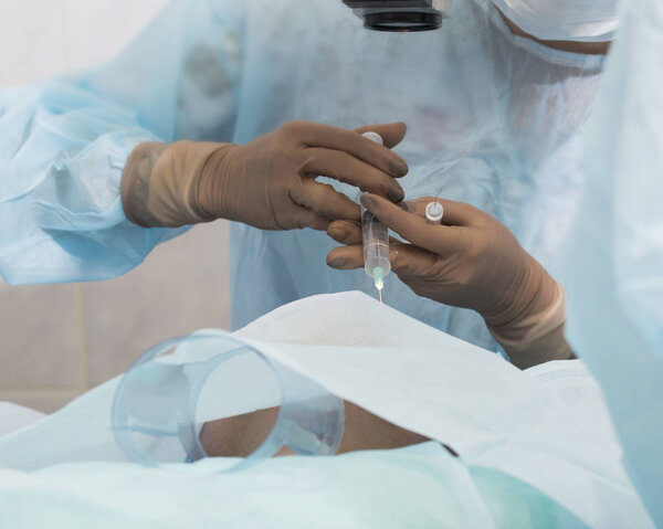 Phacoemulsification, destruction of the opaque lens of the eye b