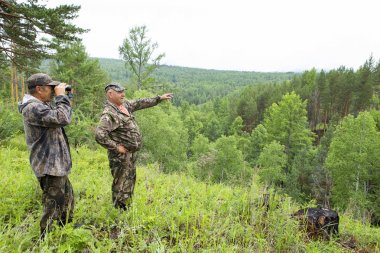 Ormancılar orman koruma için gitti. Yetişkin bir erkek forester dağın zirvesine ormandan dürbün ile inceliyor. Avcı boz ayı habitat yönergeleri gösterir.