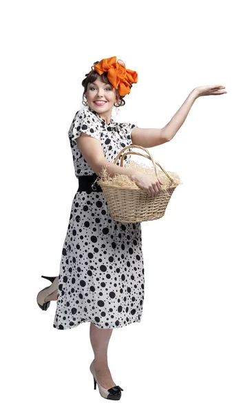 Young Girl Pea Dress Bow Head Holding Basket White Background — Stock Photo, Image