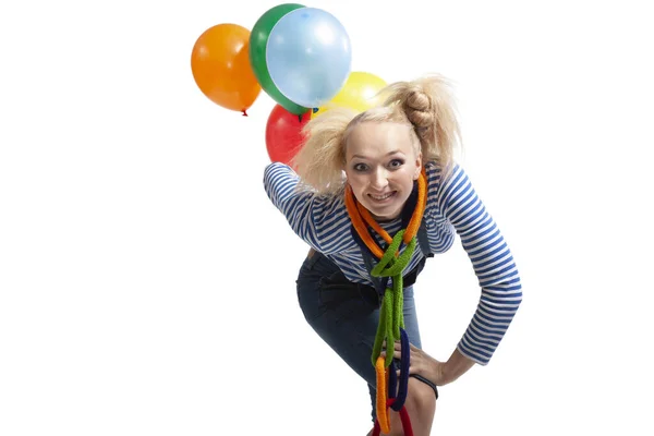 Payaso Con Globos Bailando Saltando Haciendo Muecas Haciendo Muecas Estudio — Foto de Stock