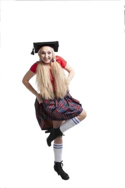 Female Student Traditional Graduate Costume Dancing Holding Beer Mug — Stock Photo, Image