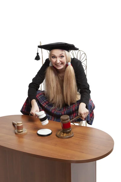 Girl Law Student Traditional Graduation Costume Hooligan Judges Hammer — Stock Photo, Image