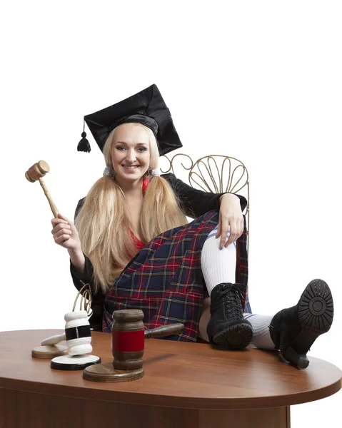 Girl Law Student Traditional Graduation Costume Hooligan Judges Hammer — Stock Photo, Image