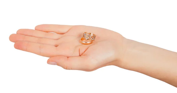 Ring Auf Einer Weiblichen Handfläche Isoliert Auf Weißem Hintergrund — Stockfoto
