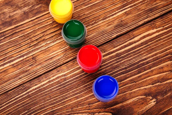 Acrylic Paints Jars Retro Wooden Background — Stock Photo, Image