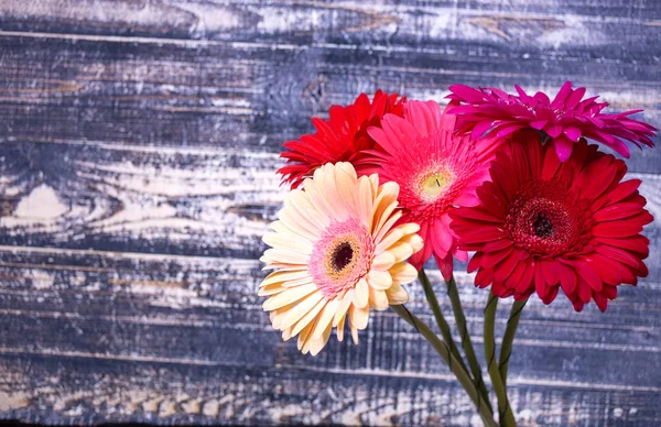 Bouquet of gerbera (red, yellow, pink, beige) flowers on retro w — Stock Photo, Image