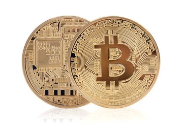 Beyaz arka plan üzerinde izole iki altın bitcoin