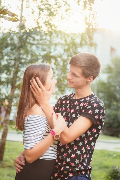Boyfriend Hugging His Girlfriend Stroking Her Hair Park — Stock Photo, Image