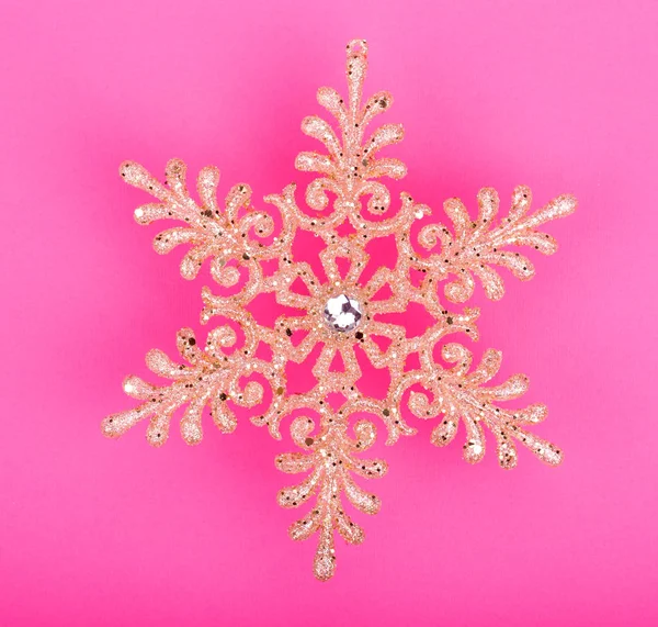 Decoración Navidad Copo Nieve Oro Sobre Fondo Rosa — Foto de Stock