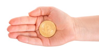 Altın Bitcoin bir adam elinde. Yeni bir sanal c Digitall sembolü