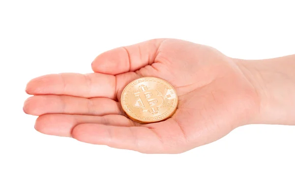 Golden Bitcoin in a man hand. Digitall symbol of a new virtual c — Stock Photo, Image