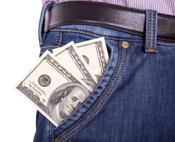Dólares que salen de sus pantalones vaqueros de bolsillo — Foto de Stock