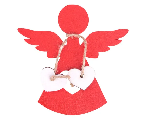 Décorations Noël Ange Rouge Avec Deux Coeurs Blancs Liés Isolés — Photo