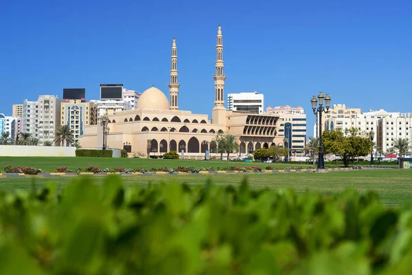 在沙迦的阿尔伊蒂哈德公园和费萨尔国王清真寺 — 图库照片