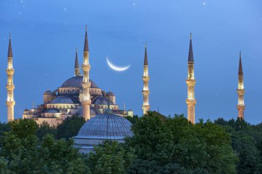 Cityscape ev çatıları, tapınaklar, yeşil ağaçlar ve dev genç ay ve yıldız zemin üzerine mavi gökyüzü.