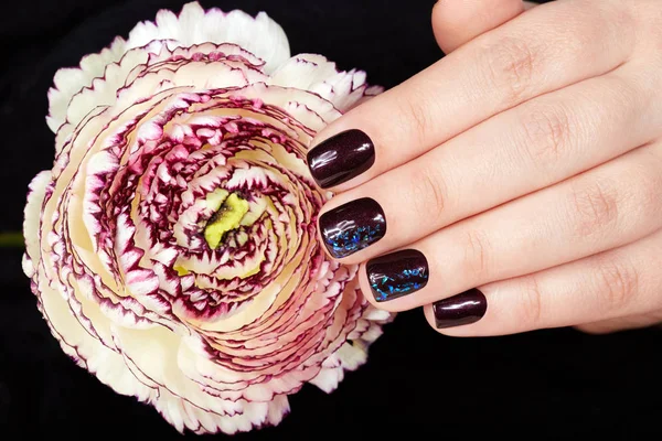 El folyo tasarım ile koyu mor oje ile renkli kısa manikürlü tırnaklar