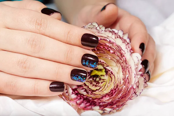 Mãos com unhas feitas curtas coloridas com esmalte roxo escuro com projeto da folha — Fotografia de Stock