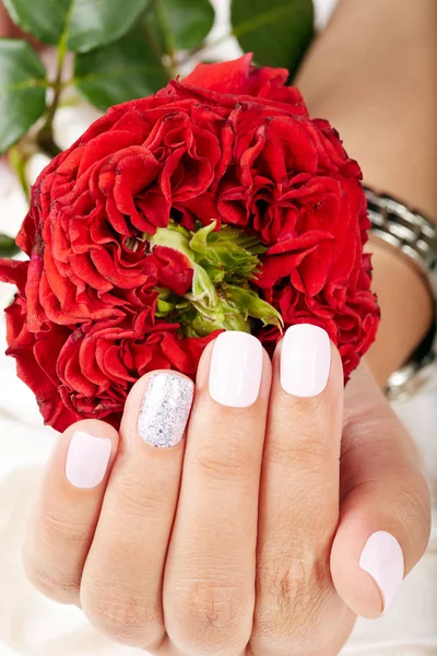 Ręka z krótkim wypielęgnowane paznokcie i czerwona róża kwiat — Zdjęcie stockowe