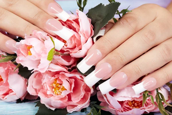 Manos con hermosas uñas artificiales manicura francesa larga —  Fotos de Stock