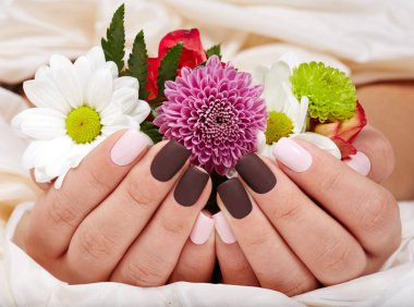 Pembe ve mor manikürlü tırnaklar bir buket çiçek tutan eller