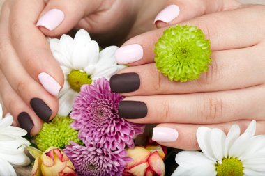 Pembe ve mor manikürlü tırnaklar ve bir buket çiçek ile el