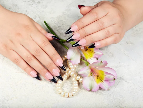 Mãos Com Longas Unhas Manicure Francês Preto Artificial Flores Lírio — Fotografia de Stock