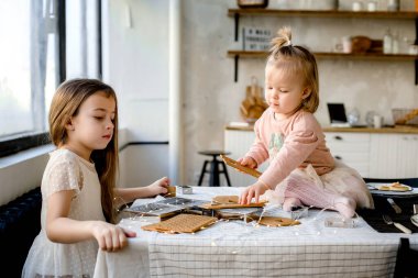 Güzel mutlu kız kardeşler çatı katında kurabiye yapıyorlar.