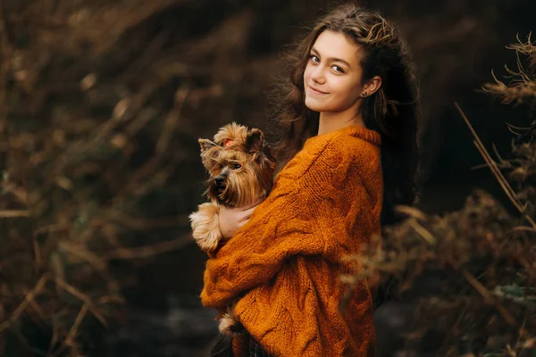 Una Adolescente Con Pelo Largo Curado Lleva Pequeño Perro Con — Foto de Stock