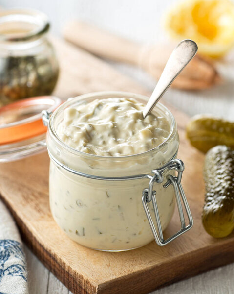 Delicious home made tartar sauce with onion, pickle, and capers.