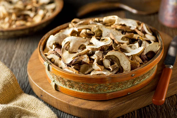 Sliced and dried wild mushrooms in a basket — Stock Photo, Image