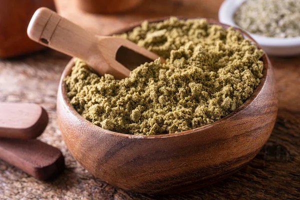 Hemp Plant Protein Powder Wooden Bowl — Stock Photo, Image