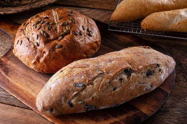 Loaves Freshly Baked Rustic Bread Wood Table Top — Stock Photo, Image