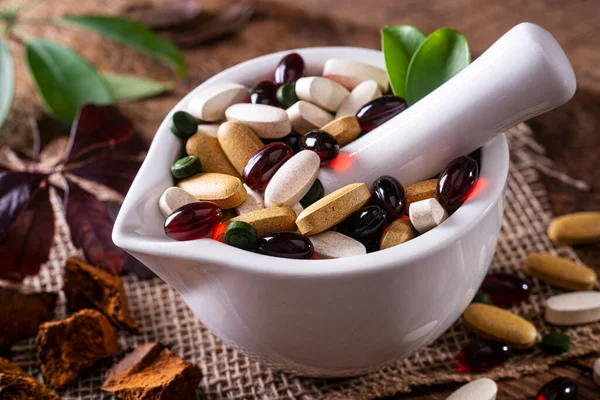 Natural Organic Nutritional Supplements Pharmaceutical Mortar Pestle — Stock Photo, Image