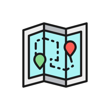 Konum kodlu harita, dağıtım paketi güzergahı, lojistik düz renk simgesi.