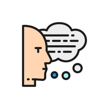 Konuşma baloncukları, düşünceleri olan, yüksek sesle düz renk simgesi okuyan adam.