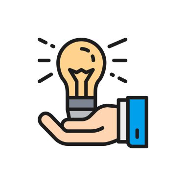 Elinde ampul, fikir üretimi, yaratıcı düz renk simgesi.