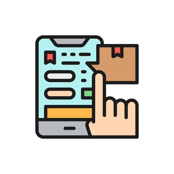 Tracking parcel in application, delivery app flat color icon.