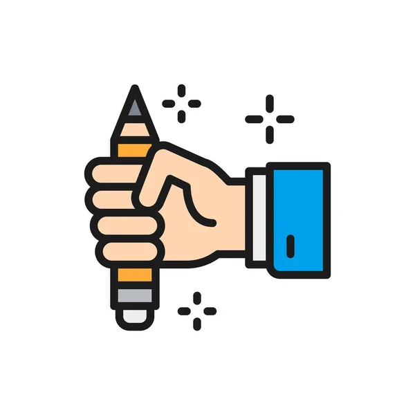 Bleistift in der Hand, Copywriting, Schriftsteller flache Farbe Symbol. — Stockvektor