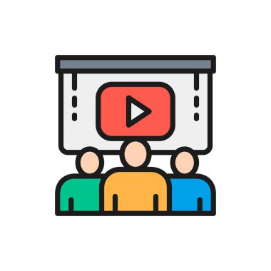 Team people at presentation video project flat color line icon.