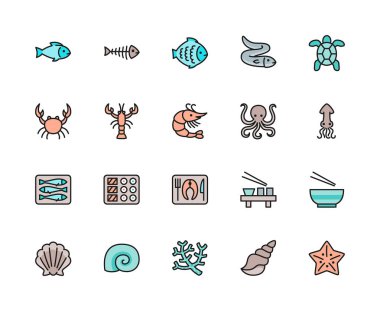 Balık ve Deniz Ürünleri Renk Çizgisi Simgeleri. Flounder, Yılanbalığı, Kaplumbağa, Yengeç ve daha fazlası.