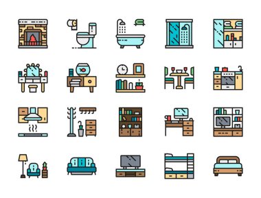 Ev İçi Rengi Çizgisi Simgeleri. Şömine, Tuvalet, Küvet, Kanepe ve daha fazlası